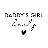 Flat black artwork on white: 'DADDY'S GIRL' capitals, 'Emily' in script and a small heart, personalised iron-on design