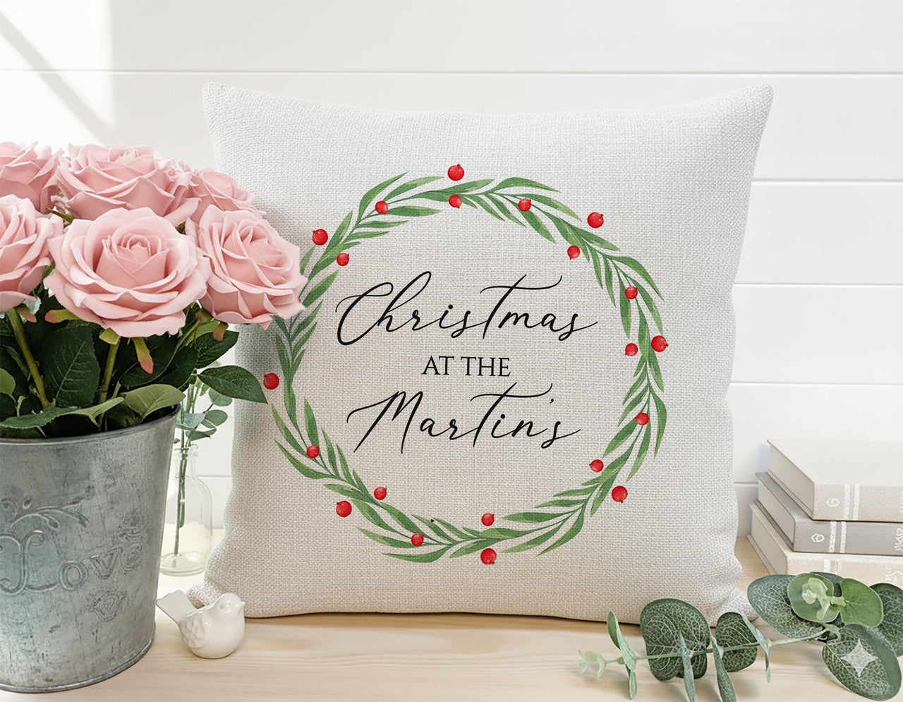 Personalised Family Christmas Cushion - Festive Wreath Design with Family Name