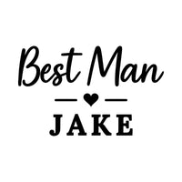 Flat black artwork on white: 'Best Man' in script with a heart divider and the name 'JAKE', personalised iron-on transfer