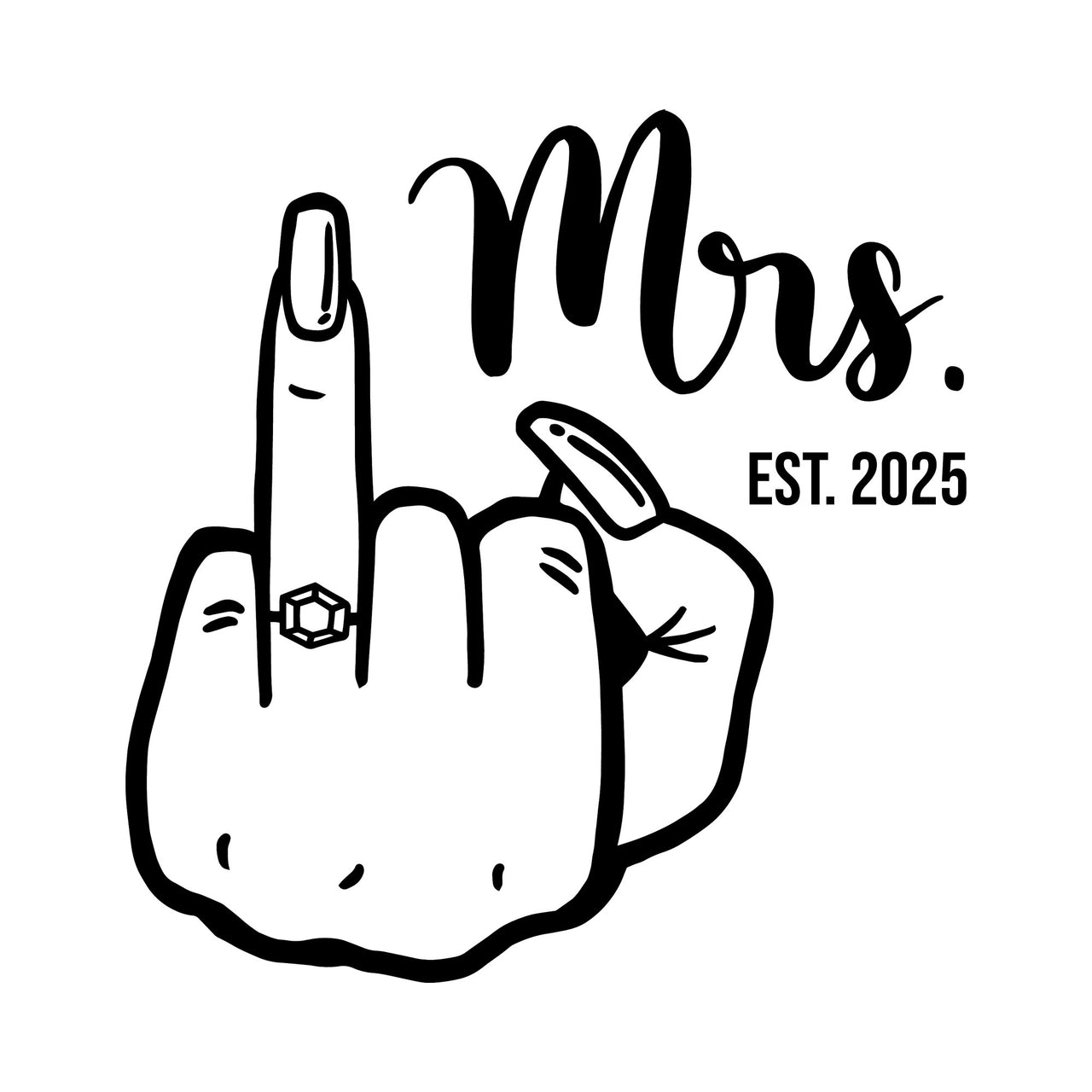 Flat black artwork on white: hand with diamond ring, 'Mrs.' script and 'EST. 2025', iron-on transfer design