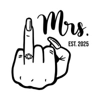 Flat black artwork on white: hand with diamond ring, 'Mrs.' script and 'EST. 2025', iron-on transfer design
