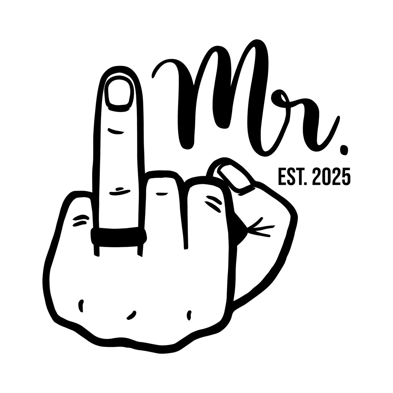 Flat black artwork on white: hand with wedding ring, 'Mr.' script and 'EST. 2025', personalised iron-on transfer