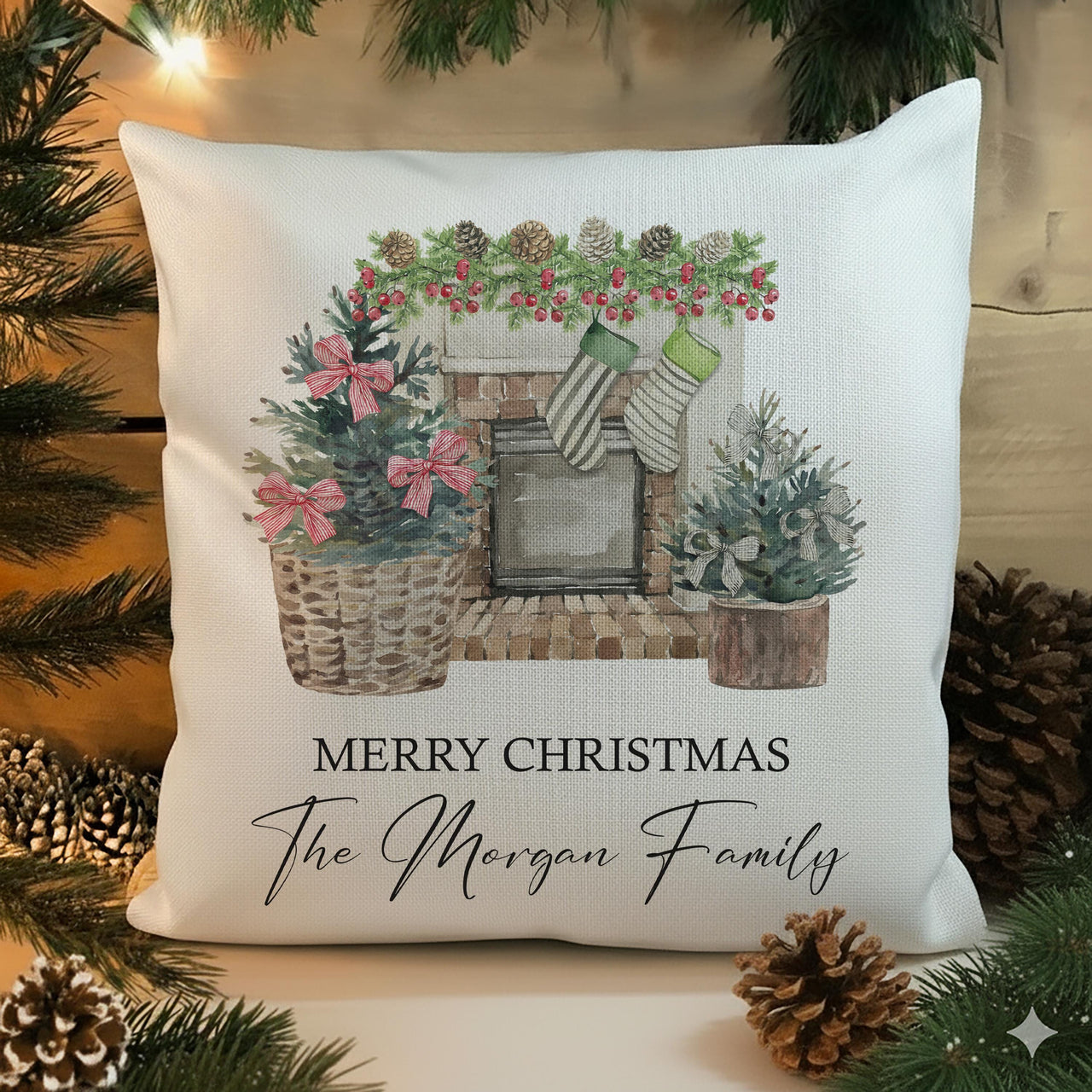 Personalised Fireplace Christmas Cushion - Cosy Festive Keepsake with Family Name & Stockings