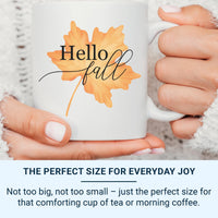 Hello Fall Mug – Autumn Coffee Mug with Orange Maple Leaf & Elegant Script