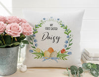 Personalised My First Easter Cushion with Name - Floral Wreath Baby Keepsake for Spring Family Memories