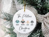 Personalised Christmas Jumper Family Ornament, Ceramic Xmas Tree Bauble, Ugly Sweater Round Hanging Decoration, Family Holiday Best Keepsake