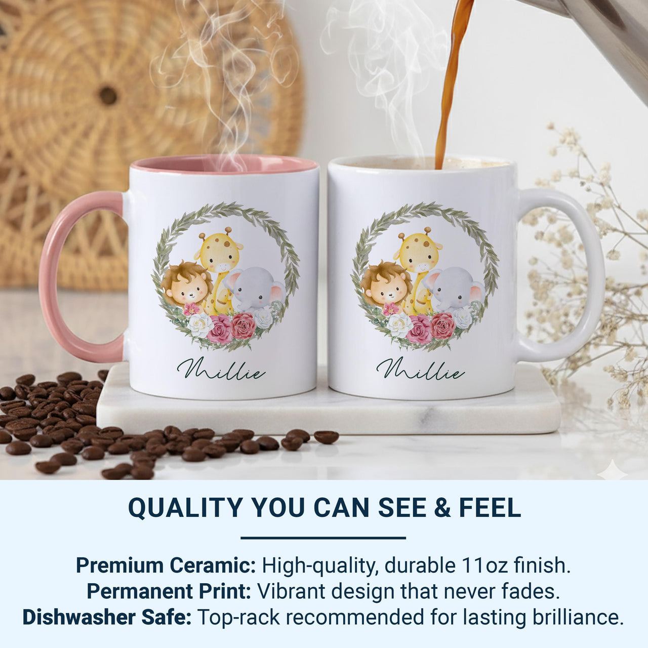 Personalised Baby Name Mug – Safari Animals with Floral Leaf Wreath – New Mum, Baby Shower and Christening Gift