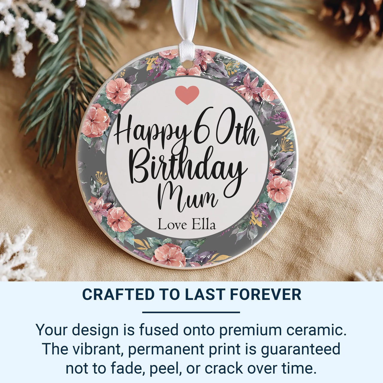 60th Birthday Ornament - Floral Keepsake with Name for Milestone Celebration