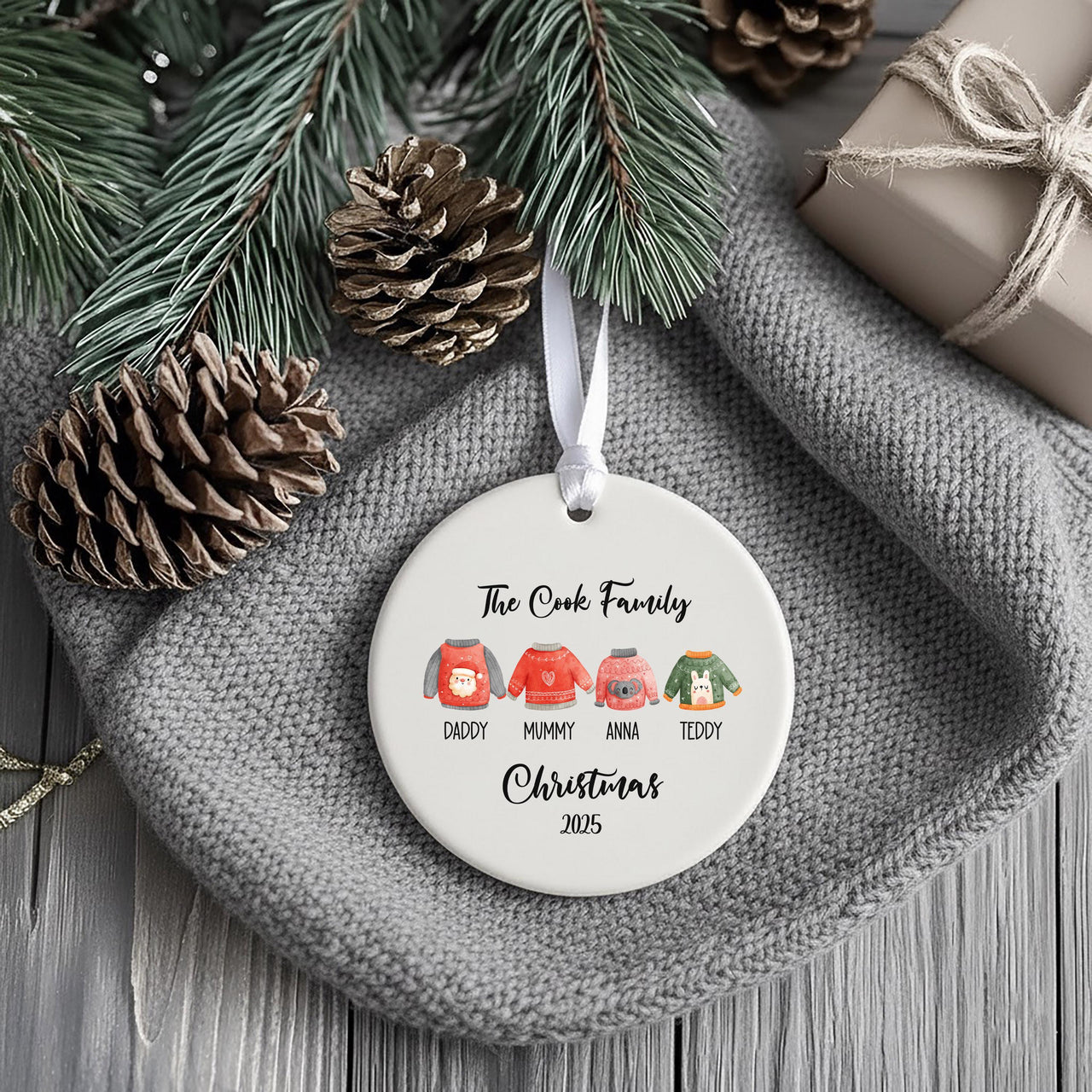 Personalised Christmas Jumper Family Ornament - Ceramic Xmas Tree Bauble - Ugly Sweater Round Hanging Decoration - Family Xmas Keepsake