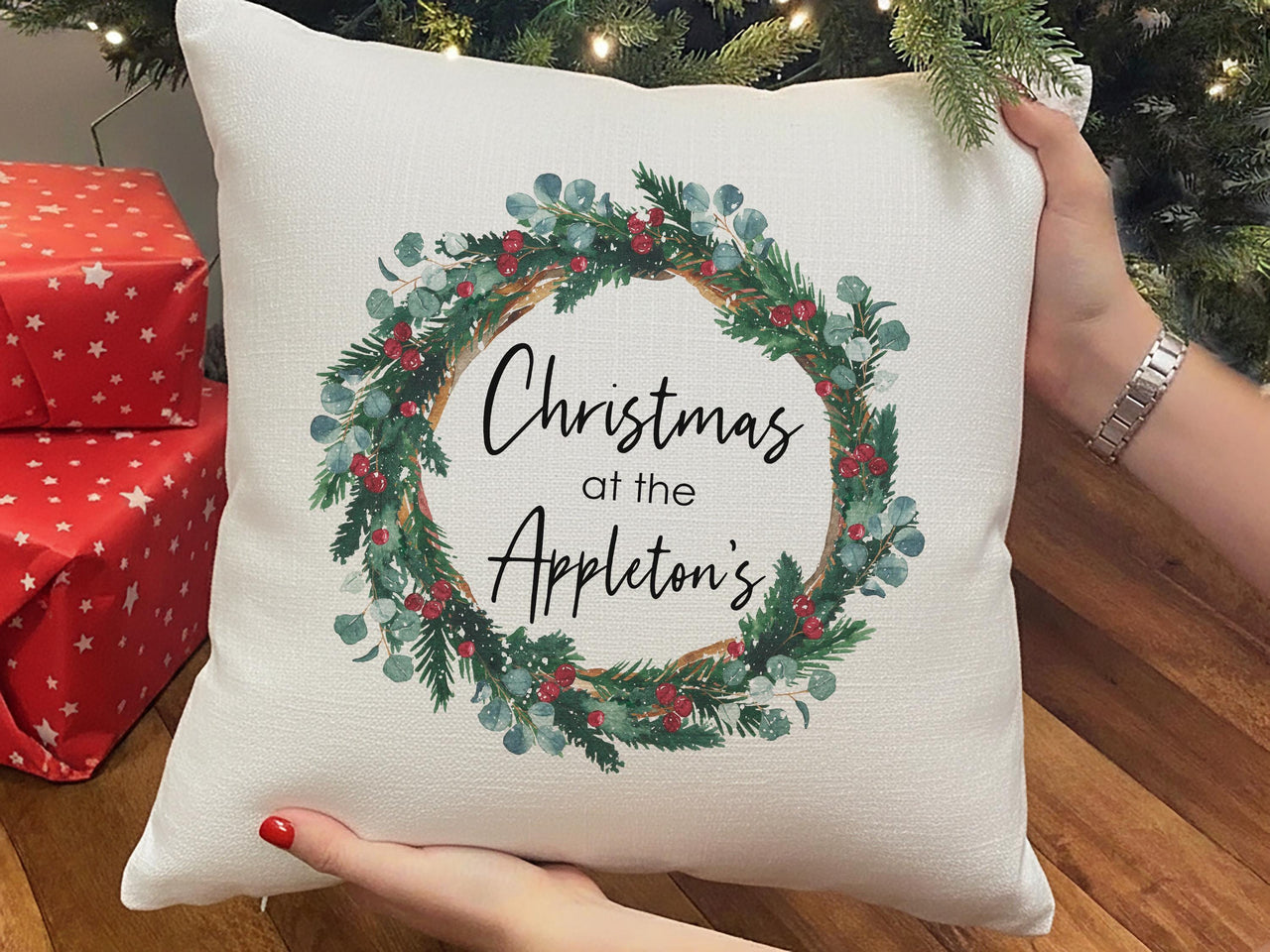 Personalised Christmas at The Family Cushion, Xmas Wreath Cushion Cover, Gift for Friend, Stocking Filler, Best Home Xmas Decoration