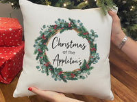 Personalised Christmas at The Family Cushion, Xmas Wreath Cushion Cover, Gift for Friend, Stocking Filler, Best Home Xmas Decoration
