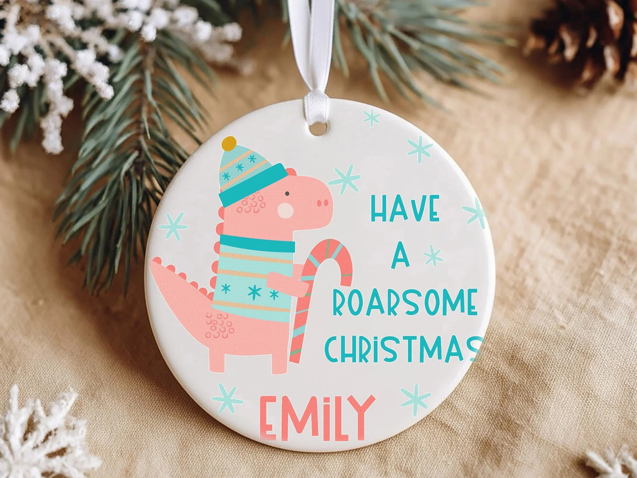 Dinosaur Christmas Ornament - Pink Dino with Candy Cane & Name for Kids