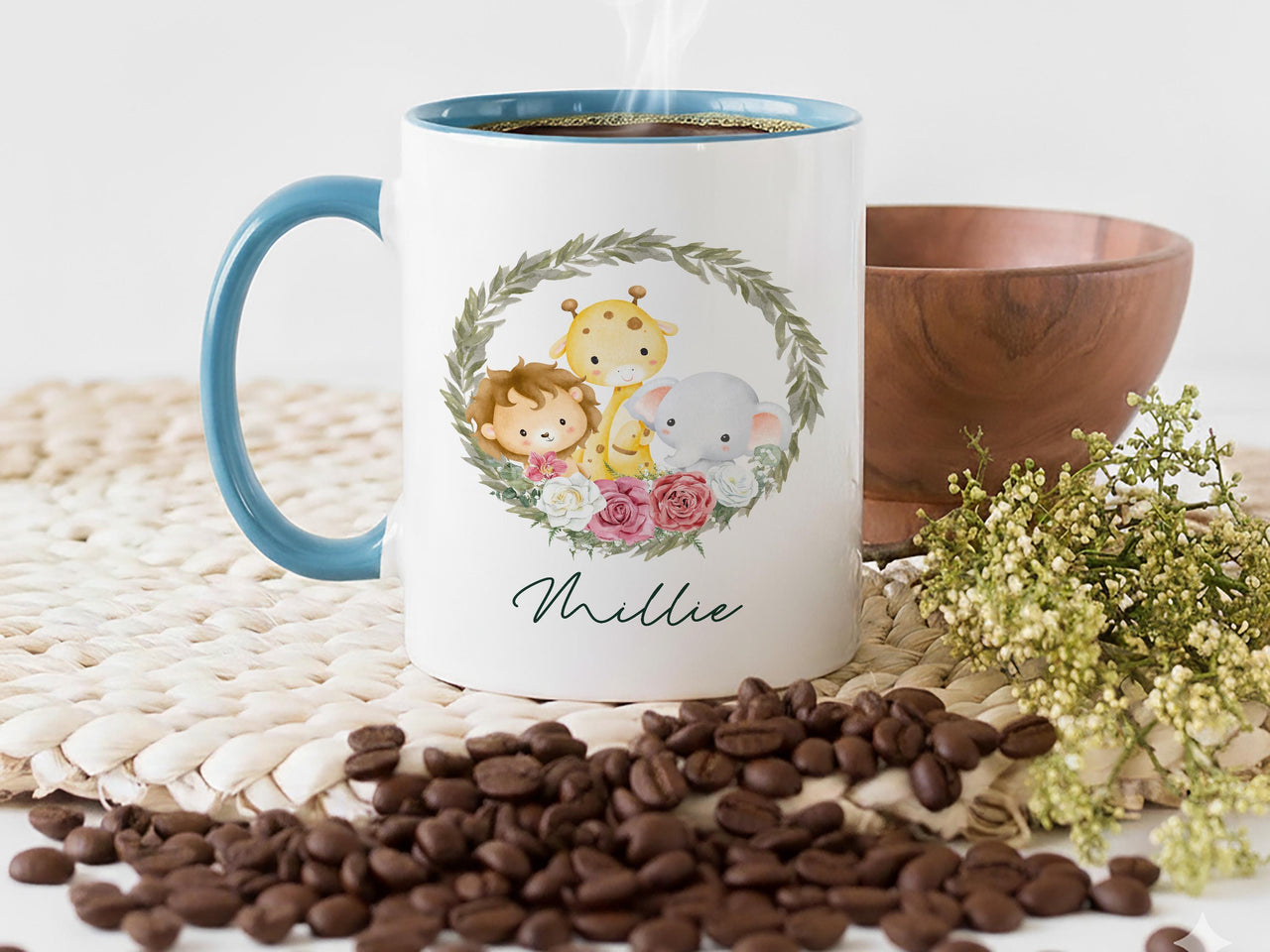 Personalised Baby Name Mug – Safari Animals with Floral Leaf Wreath – New Mum, Baby Shower and Christening Gift