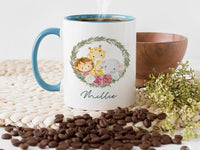 Personalised Baby Name Mug – Safari Animals with Floral Leaf Wreath – New Mum, Baby Shower and Christening Gift