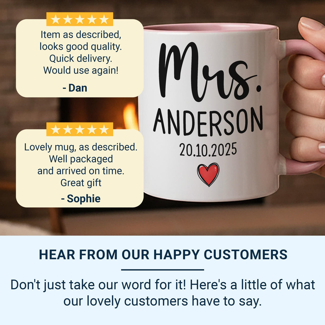Mrs Mug Personalised with Surname and Wedding Date – Elegant Script with Red Heart – Bride Keepsake Gift