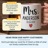 Mrs Mug Personalised with Surname and Wedding Date – Elegant Script with Red Heart – Bride Keepsake Gift