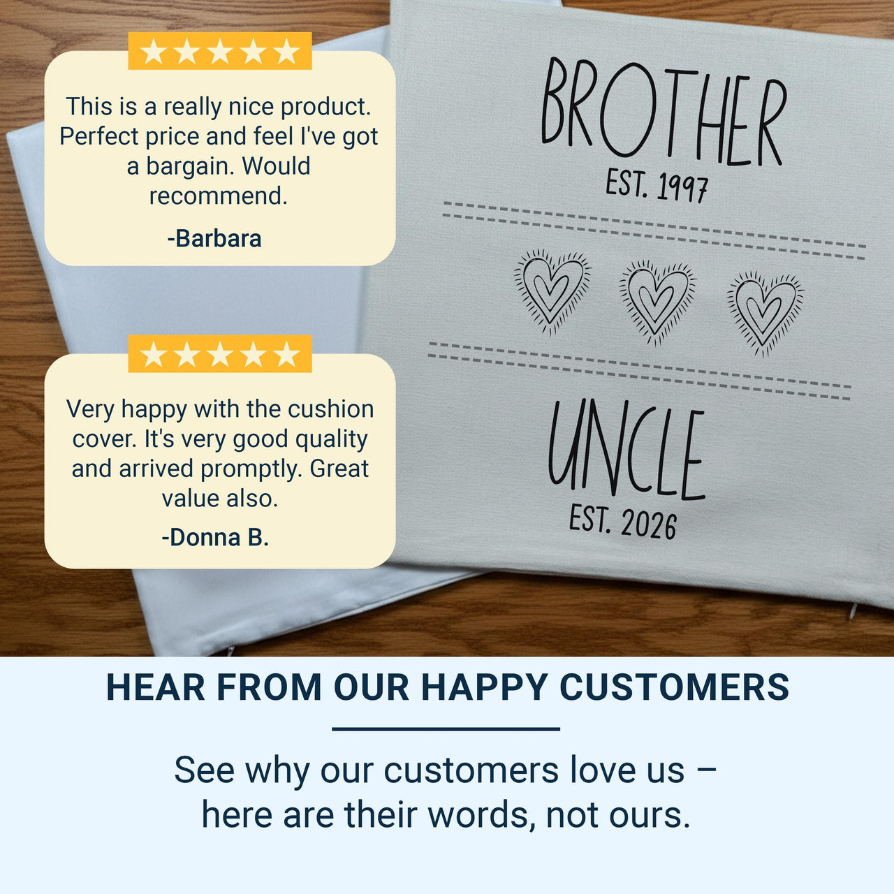 Personalised Brother and Uncle Cushion with Dates - Modern Family Name Keepsake with Heart Icons
