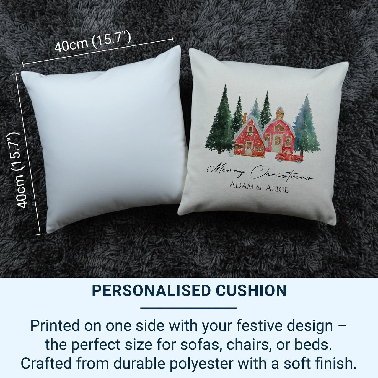 Personalised Christmas Cushion – Red Winter Design | Linen & White Cover