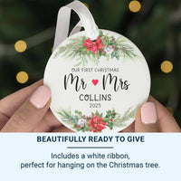 First Christmas Mr & Mrs Ornament - Newlywed Keepsake with Poinsettias for Couples' Tree