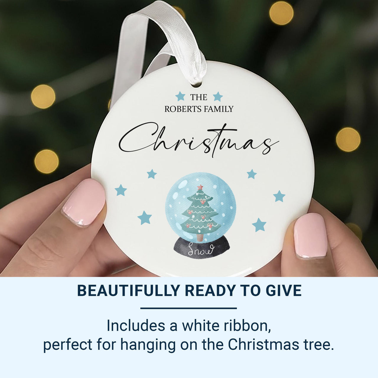 Family Tree Ornament - Blue Watercolour Keepsake with Surname & Year for Christmas