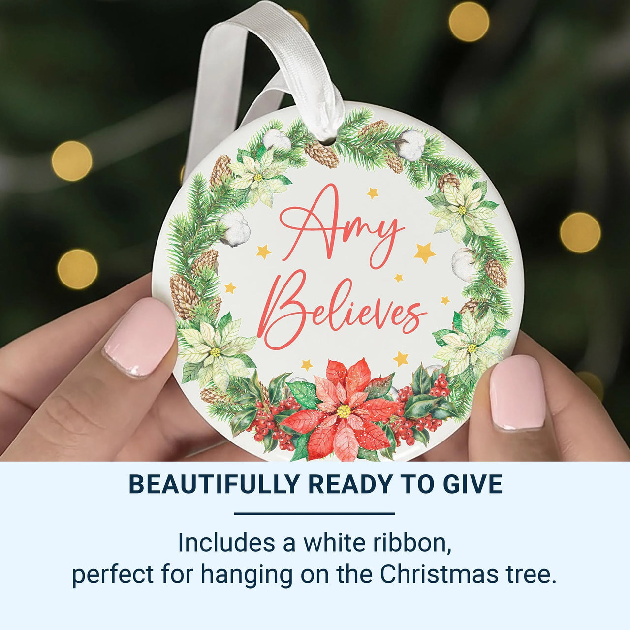 Christmas Believes Ornament - Poinsettia Wreath Keepsake with Name