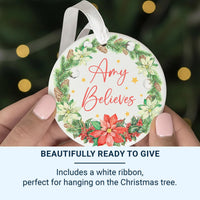 Christmas Believes Ornament - Poinsettia Wreath Keepsake with Name
