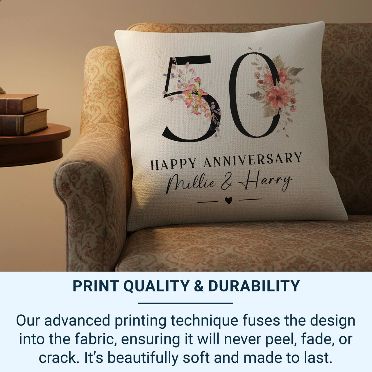 50th Anniversary Cushion – Personalised Anniversary Pillow With Golden Floral Design