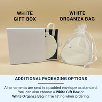 two gift boxes and a bag, with text indicating the different packaging options available for the ornaments.