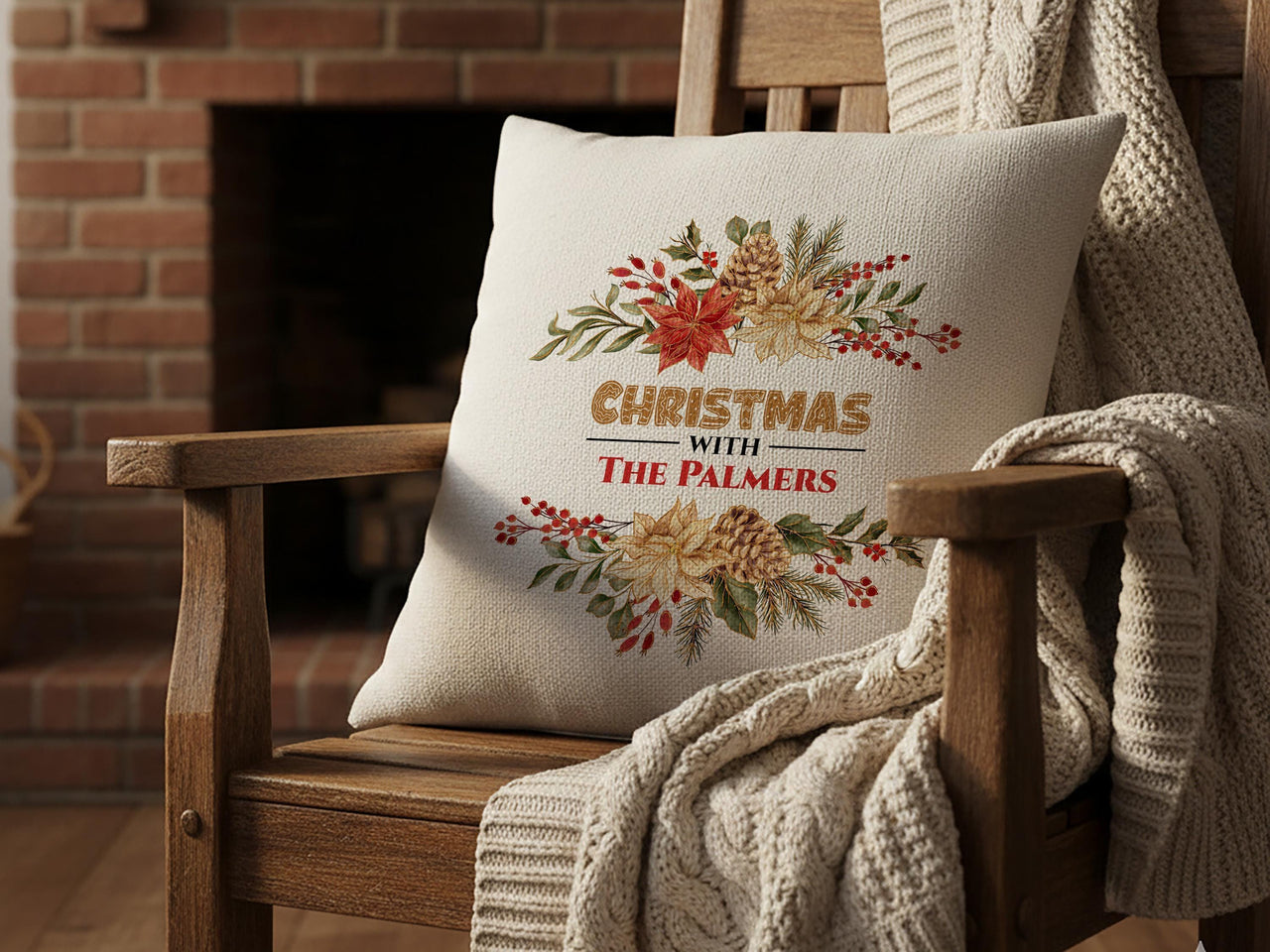 Personalised Family Christmas Cushion - Festive Pinecones & Berries with Family Name