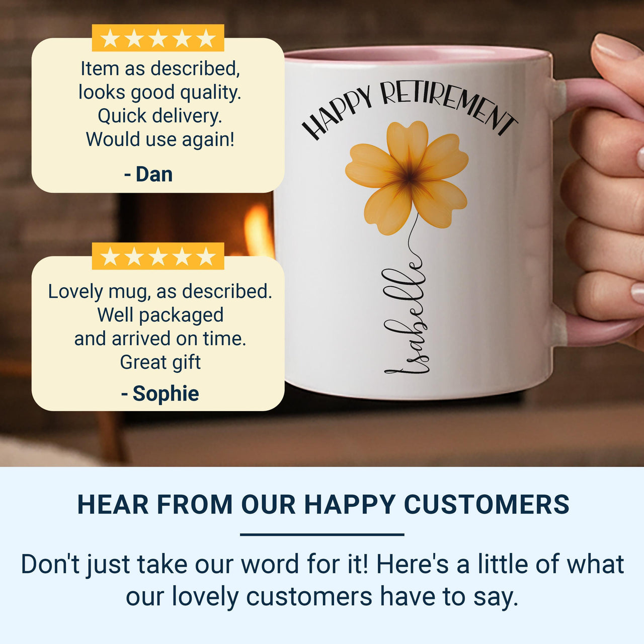 Happy Retirement Personalised Mug – Floral Name Design – Leaving Gift and New_Chapter Keepsake for Colleagues and Friends