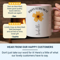 Happy Retirement Personalised Mug – Floral Name Design – Leaving Gift and New_Chapter Keepsake for Colleagues and Friends