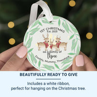 First Christmas as Family of Three Ornament - Personalised Xmas Bauble - Reindeer Family Design - Gift for New Parents