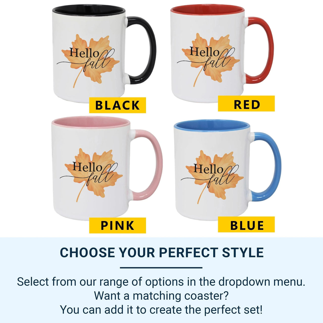 Hello Fall Mug – Autumn Coffee Mug with Orange Maple Leaf & Elegant Script