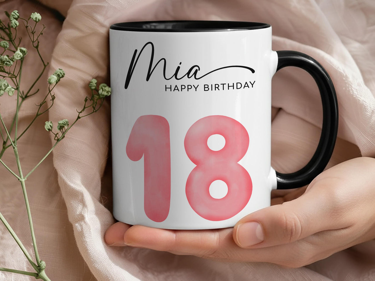 18th Birthday Balloon Mug – Personalised Name with Pink “18” – Coming_of_Age Party Morning and Keepsake Gift
