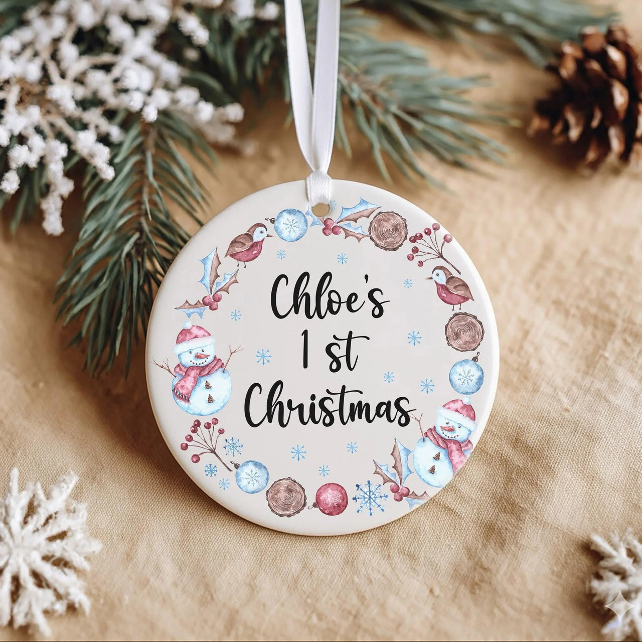 Baby First Christmas Ornament - Personalised Baby Name Keepsake With Snowmen & Holly