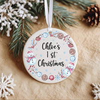 Baby First Christmas Ornament - Personalised Baby Name Keepsake With Snowmen & Holly