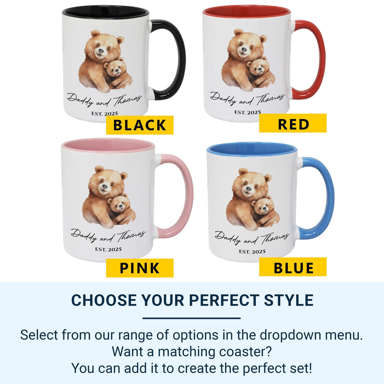 Daddy and Baby Personalised Mug – Names with EST. Year and Watercolour Bears – New Dad, First Father’s Day and Night_Feed Companion