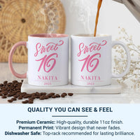 Sweet 16 Personalised Mug – Name and Year in Elegant Script – Sixteenth Birthday Morning Surprise and Milestone Keepsake