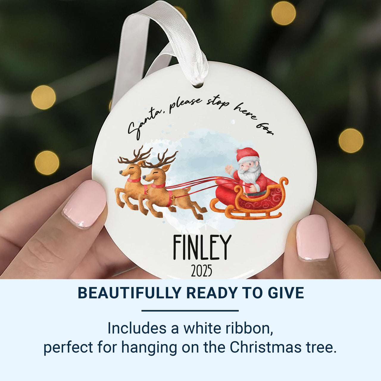 Personalised Santa Stop Here Christmas Ceramic Ornament, First Family Christmas Round Decoration, Xmas Keepsake, Gift for Kids, Home Bauble