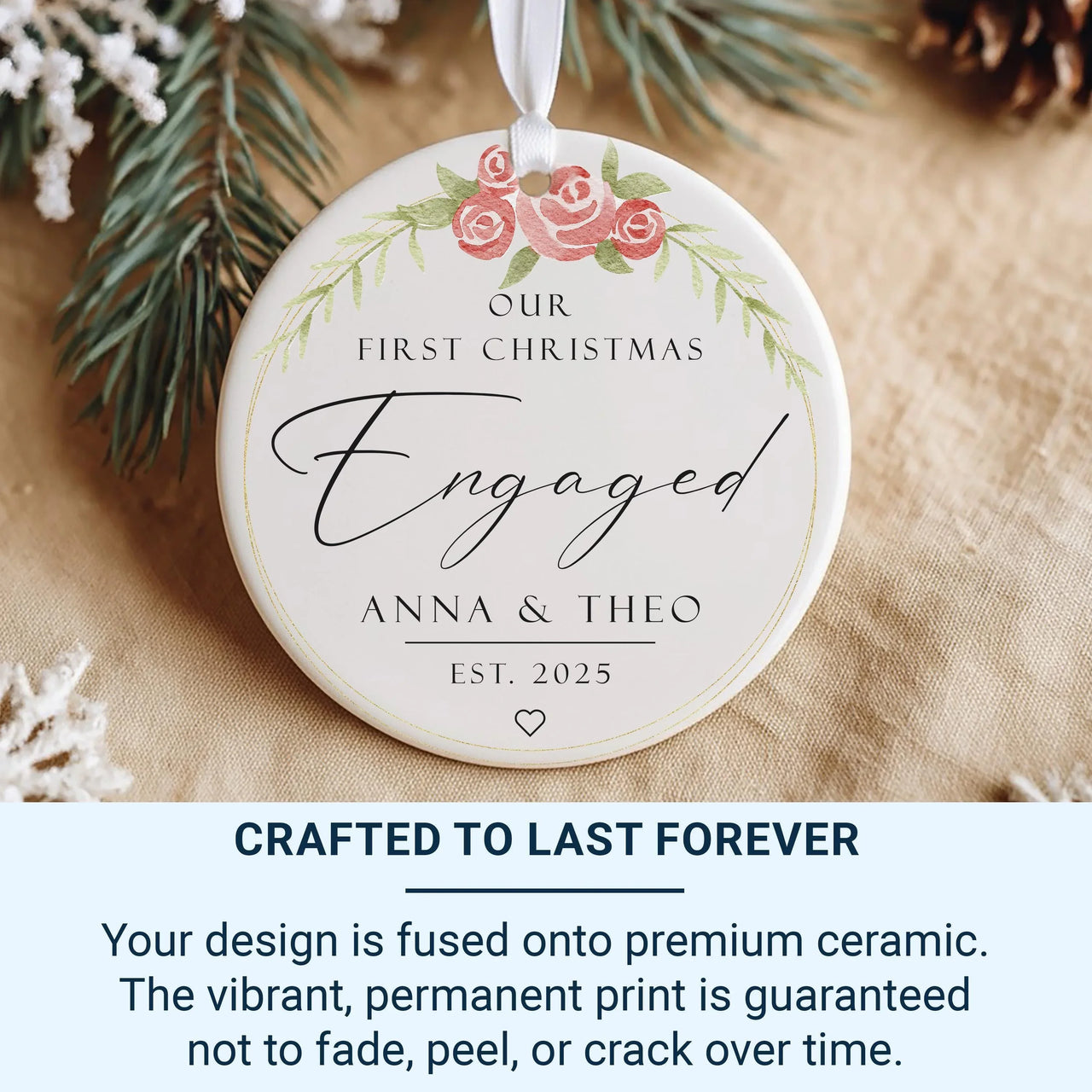 First Christmas Engaged Ornament - Floral Keepsake with Names & Date for Couples