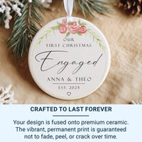 First Christmas Engaged Ornament - Floral Keepsake with Names & Date for Couples
