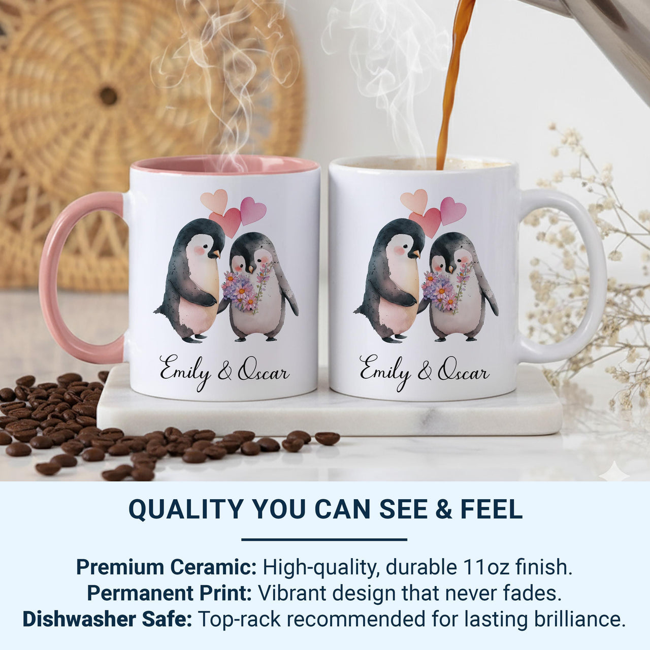 Personalised Couple Names Penguin Mug – Bouquet and Hearts – Romantic Anniversary, Engagement and Valentine Gift