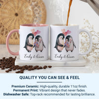 Personalised Couple Names Penguin Mug – Bouquet and Hearts – Romantic Anniversary, Engagement and Valentine Gift