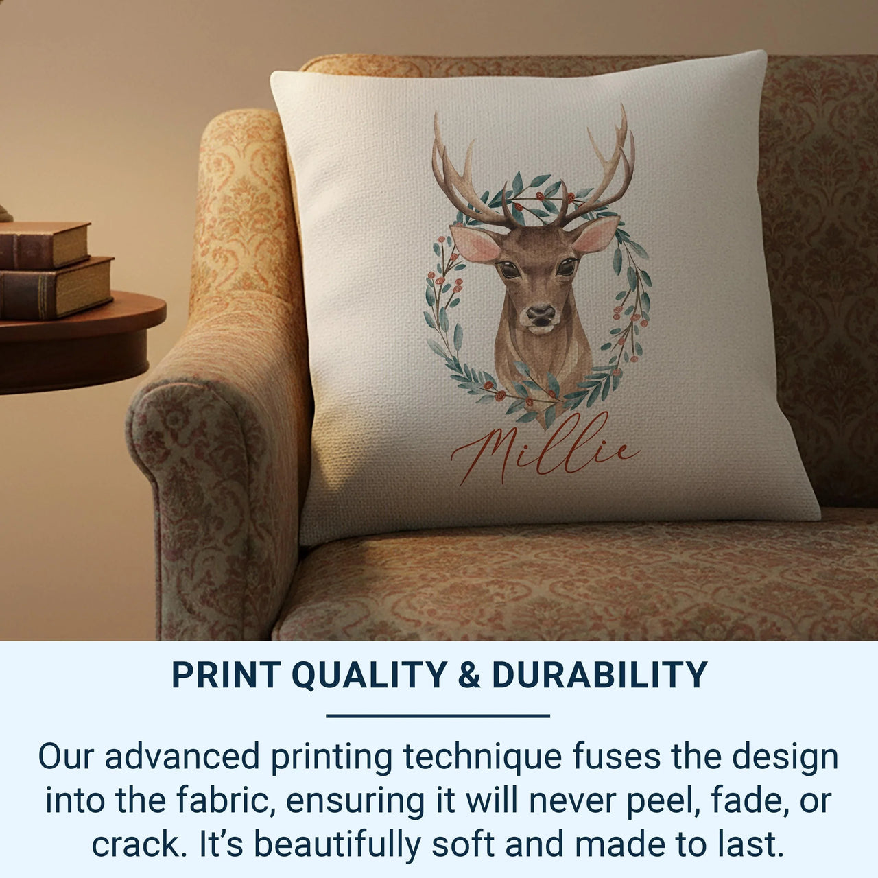 Personalised Christmas Cushion – Watercolour Deer Design | Soft Touch Cover