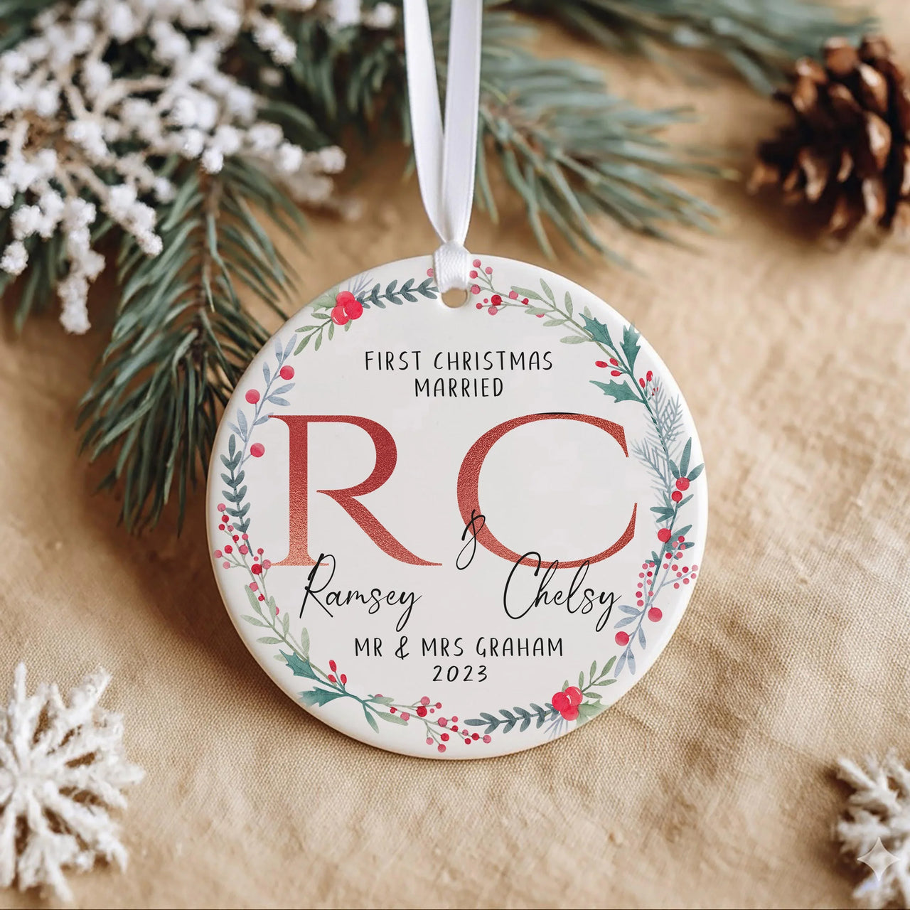 First Christmas Married Ornament 2025 - Floral Wreath with Initials & Surname