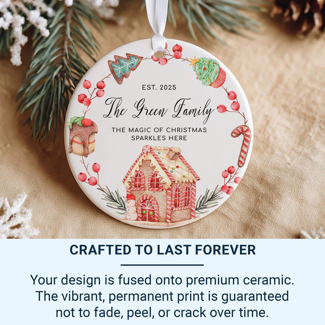 Family Christmas Ornament 2025 - Gingerbread & Festive Motto with Surname