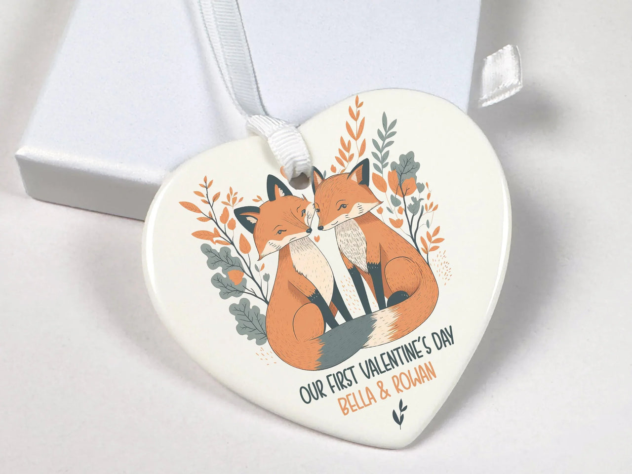 Valentine Foxes Heart Ornament - First Valentine Keepsake with Leafy Frame & Names