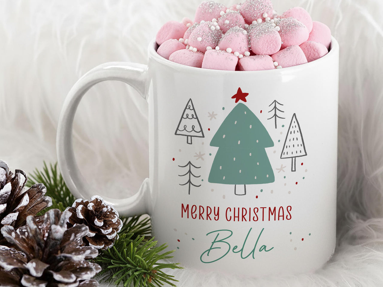 Merry Christmas Personalised Name Mug – Festive Tree Design – Holiday Morning Brew for Stockings, Secret Santa and Family Gifts