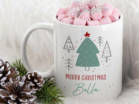 Merry Christmas Personalised Name Mug – Festive Tree Design – Holiday Morning Brew for Stockings, Secret Santa and Family Gifts