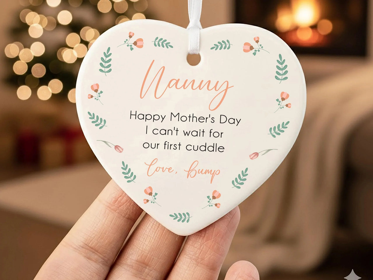 Nanny First Mother Day Ornament - Message from Bump Heart Keepsake with Floral Design